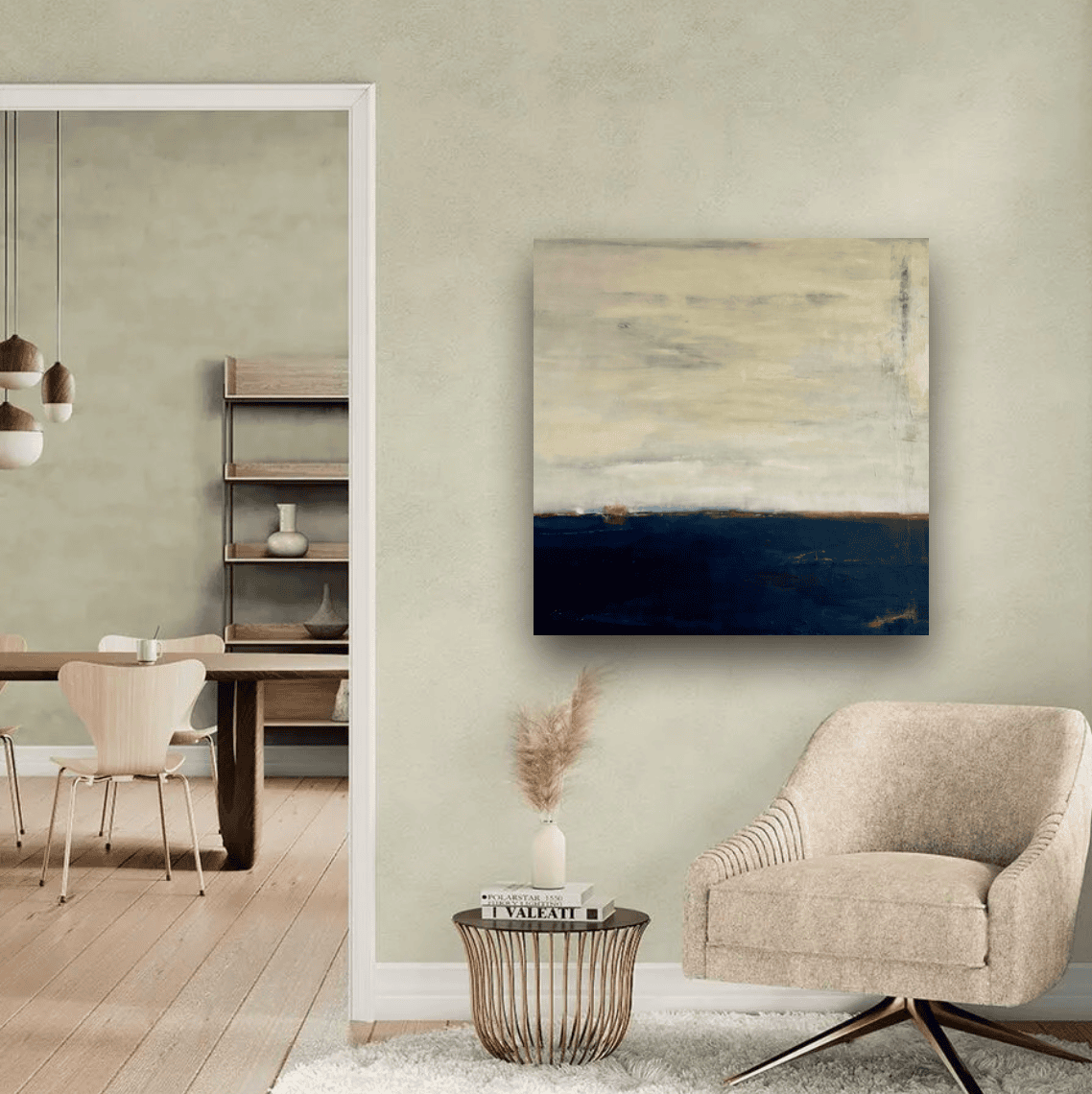 Innenarchitektur, modernes Wohnzimmer, Wandkunst, Skandinavischer Stil, Wohnzimmer Dekoration.