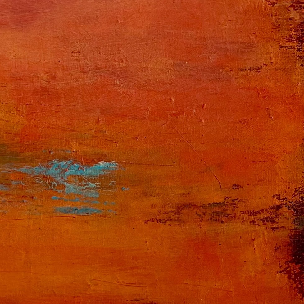 Schlichtes abstraktes Kunstwerk mit warmen Rot- und Orangetönen, Akzenten in Blau, inspiriert von Christina Pieper's Kunststil.