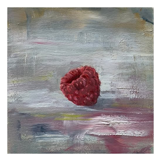 Himbeere auf abstrakt gemaltem Hintergrund, Kunstwerk von Christiane Pieper.