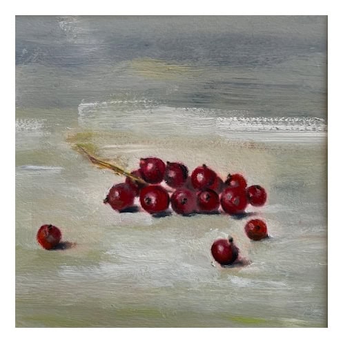 Erdbeer-Rispe im Stillleben, Öl auf Leinwand, künstlerisch gemalte Obstszenen.